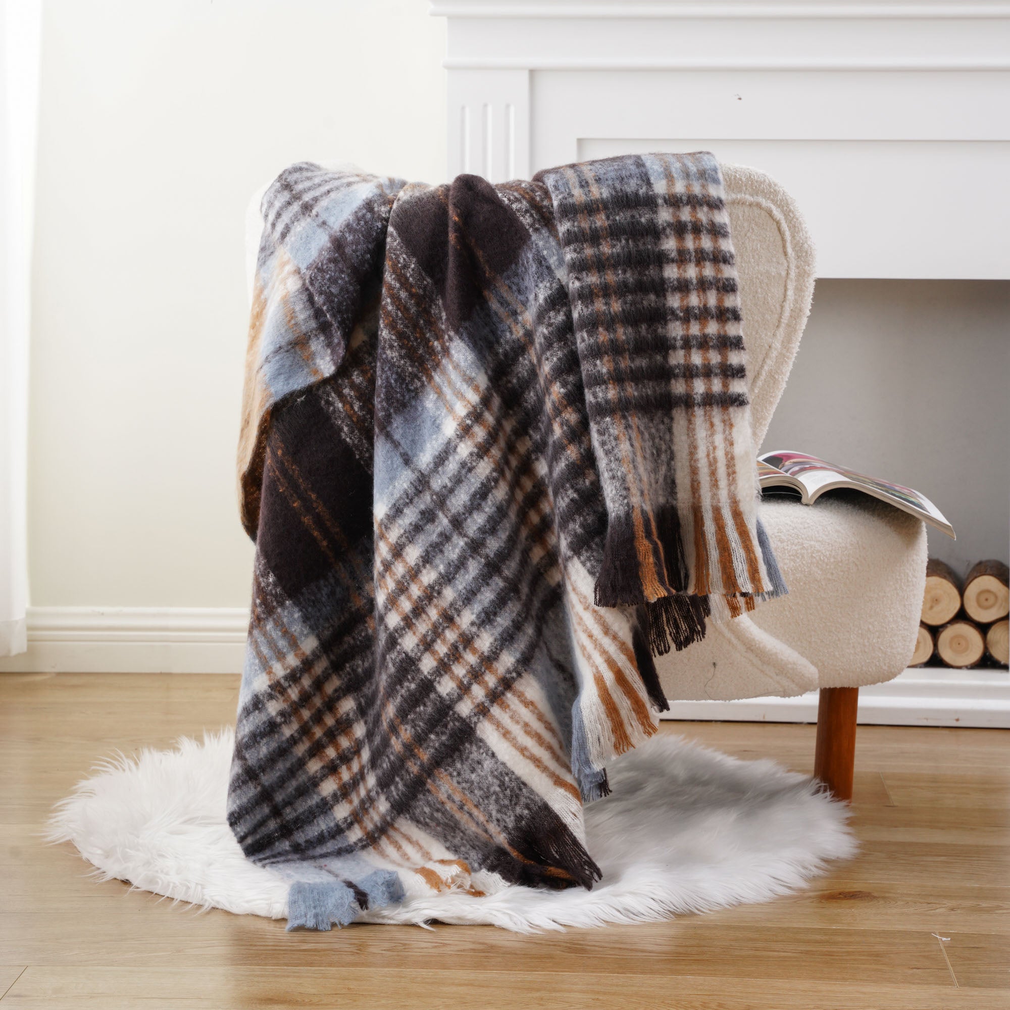 Bluish-Grey Mohair Plaid Blanket